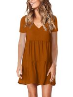 Amoretu Summer Short Sleeve Dress for Women V Neck Shift Tunic Dresses Caramel L