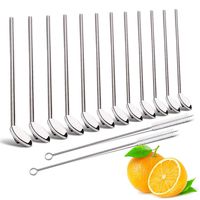 Drinking Spoon Straws, Elegant life Reusable Japan Metal Stainless Steel Drinking Straw with Spoon, Food-Grade Long Spoons Set of 12 with 2 Cleaning Brushes, Use for Home Café Restaurant, 8 Inch