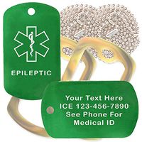 Custom 2 Pack - Epileptic Medical Alert ID Necklaces with Green Custom Tags, Camo Forest Silencers, and 30'' USA Chains