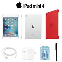 Apple 128GB iPad Mini 4 (Wi-Fi Only, Silver) (MK9P2LL/A) with Silicone Case - Red + Accessories