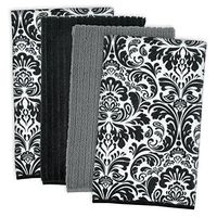 DII Microfiber Multi-Purpose Cleaning Towels Perfect for Kitchens, Dishes, Car, Dusting, Drying Rags, 16 x 19", Set of 4 - Black Damask