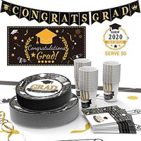 Graduation Party Supplies Disposable Dinnerware Set Paper Plates and Napkins Bulk Serves 50 Guests Includes Dinner Plates,Dessert Plates, Cups, Napkins, Background,Tablecloths and Banner for Parties