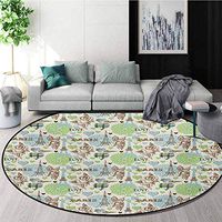 RUGSMAT Paris Anti-Skid Area Rug,Eiffel Tower Love Birds Rose Blooms Romantic Nostalgic Graphic Green Soft Area Rugs,Round-51 Inch Cream Pale Blue Brown Lime Green