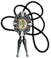 Moranse Golden Initial A to Z in Flower Nursery Cowboy Bolo Tie with Cowhide Rope(D)