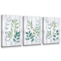 Takfot Leaf Wall Art Canvas Painting Contemporary Vintage Botanical Leaves Plants Pictures Green Home Decor Stretched and Framed Artwork for Bathroom Living Room 12×16 Inch, 3 Panels