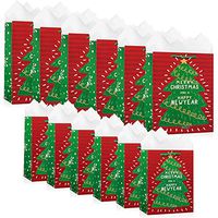 12 Pack Christmas Gift Bags - Includes White Tissue Paper - Premium Quality for Holiday Present Wrapping (Christmas Trees 12 Pack)