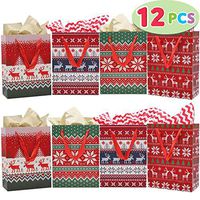 12 Pieces Christmas Gift Bags with Assorted Christmas Prints for Holiday Paper Gift Bags, Christmas Goody Bags, Xmas Gift Bags, Classrooms and Party Favors
