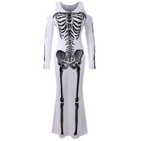 ERWAZI Halloween Skeleton Maxi Dress, Women O-Neck Long Sleeve Cold Shoulder Slim Fit Cosplay Costume, Scream Horror Fancy Adults Outfit Dress(S, White)