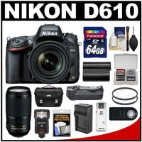 Nikon D610 Digital SLR Camera & 24-85mm VR AF-S Zoom Lens with 70-300mm VR AF-S Lens + 64GB Card + Case + Flash + Grip + Battery & Charger Kit