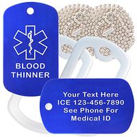 Custom 2 Pack - Blood Thinner Medical Alert ID Necklaces with Blue Custom Tags, White Silencers, and 30'' USA Chains
