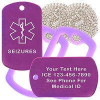 Custom 2 Pack - Seizures Medical Alert ID Necklaces with Purple Custom Tags, Purple Silencers, and 30'' USA Chains