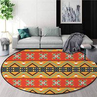 DESPKON-HOME Abstract Small Round Rug Carpet,Tribal Pattern Aztec Motifs with Zigzags Geometric Design Pattern Door Mat Indoors Bathroom Mats Non Slip Diameter-51 Inch,Orange Red and Fern Green
