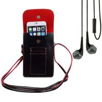 Bundle: Vegan Leather Vertical Crossbody Smartphone Pouch Wallet (Black) & Deluxe Stereo Hands-Free Headset (Black) - for Smartphones up to 6.5-inch, Shoulder Strap, Headphones w/Microphone