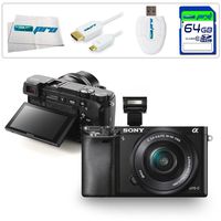 Sony Alpha a6000 ILCE6000 Interchangeable Lens Camera with 16-50mm Power Zoom Lens (Black) + 64GB Starter Accessory Bundle - International Version