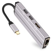 J&D 5-in-1 USB-C Hub, Portable 5-Ports Aluminum Type-C Hub with Power Delivery PD Type-C Charging Port, 4K HDMI Port, RJ45 1000Mbps Ethernet Port, USB 3.0 USB 2.0 Port Adapter - Gray