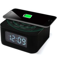 Homtime Wireless Charging Alarm Clock Radio Bluetooth Speaker for Bedrooms,Wireless Charger for iPhone X,Snooze,4 Dimmer,USB Charger Port,Hands-Free,Black