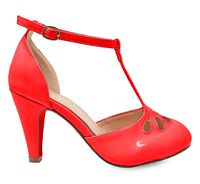 Chase & Chloe Kimmy-36 Women's Teardrop Cut Out T-Strap Mid Heel Dress Pumps (7.5 B(M) US, Red Patent)
