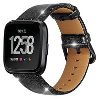 UMAXGET Leather Bands Compatible with Fitbit Versa/Versa 2/Versa Lite/SE Watch, Soft TPU Glittering Genuine Leather Straps for Women Men, Shiny Black