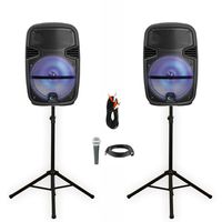 2 Technical Pro PB1400LED Bluetooth 12" Powered Speakers with Rechargeable Batteries, Multi Colored LED Light Displays, Mic and Stands