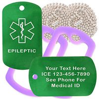 Custom 2 Pack - Epileptic Medical Alert ID Necklaces with Green Custom Tags, Purple Silencers, and 30'' USA Chains