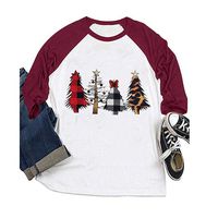 Winsummer Women O Neck Christmas Tree Graphic Tees Blouse Long Raglan Sleeve Baseball T Shirt Top Wine