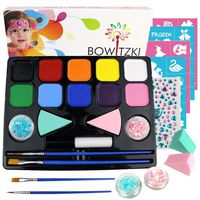 Bowitzki Face Paint Kit with 10 Colors,32 Stencils,2 Brushes,2 Chunky Glitters,2 Sponges,1 Body Glue,Water Based Easy to Remove Face Painting for Kids, Safe Professional Halloween Party Makeup Set