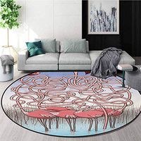 Fun Modern Machine Washable Round Bath Mat,Five Cute Flamingos Maze Game Joyful Animal Cartoon Reed Bed Water Non-Slip Living Room Soft Floor Mat,Diameter-47 Inch Coral Violet Blue Pale Blue