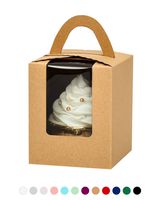 Yotruth Pop-up Bulk Brown Cupcake Boxes Single 100 Sets with Window Insert and Handle (Classic Series)