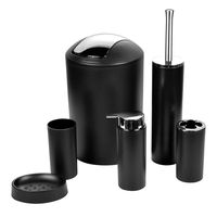 Zuvo 6 Pcs Plastic Bathroom Accessory Set Luxury Bath Accessories Bath Set Lotion Bottles, Toothbrush Holder, Tooth Mug, Soap Dish, Toilet Brush, Trash Can, Rubbish Bin (Black 2)