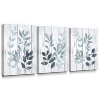 Takfot Leaf Wall Art Blue Grey Canvas Painting Contemporary Vintage Botanical Leaves Plants Pictures Home Decor Stretched and Framed Artwork for Bathroom Living Room 12×16 Inch, 3 Panels