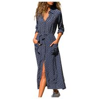 Sunhusing Women's Lapel Long Sleeve Boho Striped Printed Button Buttoned Beam Waist-Tie Casual Loose Dress(Blue,M)