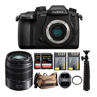 Panasonic Lumix GH5 4K Mirrorless Camera with 45-150mm Lens, 2 64GB SD Card, Gadget Bag, Tripod, Battery and Dual Charger and Lens Filter Bundle (8 Items)