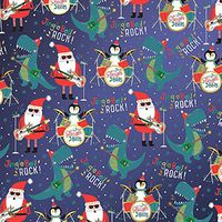 Dinosaur Santa & Penguin Rock N Roll Holiday Gift Wrapping Paper Flat Sheet - 24" x 6'