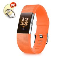 IYOU Compatible for Fitbit Charge 2 Replacement Bands, Classic Edition Adjustable Silicone Sport Wristbands Fitbit Charge 2 Bands for Women and Men, Orange, Large,【Gift】 1X Finger Ring Stand
