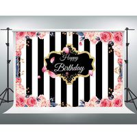 Black and White Striped Background 7x5ft Watercolor Flowers Happy Birthday Photo Backdrop for Pictures Themed Party Decoration Props Photo Booth Background ZYGE0265