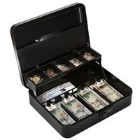 Metal Cantilever Cash Box with Combination Lock, Decaller Large Lock Money Box - 5 Compartments with Cover & 4 Spring-Loaded Clips for Bills, Black, 11 4/5" x 9 2/5" x 3 1/2", QH3009L