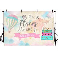 MEHOFOTO Travel Girl Baby Shower Party Decorations Backdrop Pink Map Suitcases Travel Around the World Hot Air Balloon Oh The Places She Will Go Photography Background Photo Banner 7x5ft