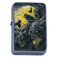 Hungry Wolf Moon Flip Top Oil Lighter Em1 Smoking Cigarette Silver Case Included