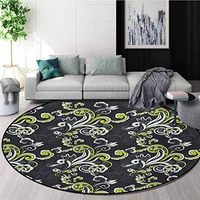 RUGSMAT Floral Round Area Rug,Vintage Foliage Ornate Motif with Swirling Leaves Doodle Style Design Non-Slip Fabric Round Rugs for Floor Mat Carpet,Diameter-51 Inch Charcoal Grey Yellow Green White
