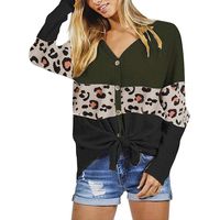 Sunhusing Ladies Colorblock Leopard Print Deep V-Neck Long Sleeve Buttons Buckle Hem Twisted Knitwear Tops(Green,M)