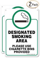 Designated Smoking Area Sign, Use Cigarette Bins Sign - 2 Pack - 10 x 7 Inches Rust Free .040 Aluminum - UV Protected, Waterproof, Weatherproof and Fade Resistant - 4 Pre-drilled Holes