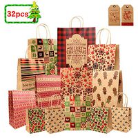 Christmas Gift Bags Kraft Bags, 32 Pack of Christmas Goody Bags 5 Size with 10 Assorted Christmas Prints for Party Favors, Holiday Treat Box and Presents