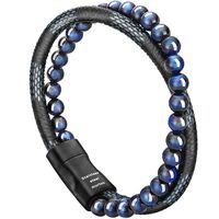 murtoo Mens Bead Leather Bracelet, Blue and Brown Bead and Leather Bracelet for Men (Blue-Black)
