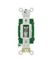 Leviton 3032-PLC 30 Amp, 120 Volt, Toggle Pilot Light, Illuminated On, Double-Pole AC Quiet Switch, Extra Heavy Duty Grade, Self Grounding, Back and Side Wired, Clear