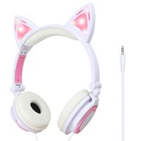 Cat Ear Headphones,Light Up Wired Adjustable Headphones On Ear,Foldable, Led Glowing Headphones for Kids Girls Boy School Supplies(White)