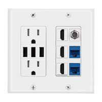 2 Power Outlet 15A with Dual 3.6A USB Charger Port Wall Plate with LED Lighting, DBillionDa 3 HDMI HDTV + 2 CAT6 RJ45 Ethernet + Coaxial Cable TV F Type Keystone Face Plate White