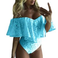 Boomboom Women Jumpsuits, Women Bardot Frill Off Shoulder Lace Bodysuit Stretch Party Leotard Tops Jumpsuits (M, Green)