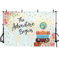 MEHOFOTO Adventure Begins Baby Shower Party Decorations Backdrop Vintage Red Floral Suitcases Travel Around the World Map Bridal Wedding Shower Photography Background Photo Banner 7x5ft