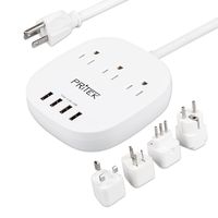 Travel Power Strip, PRITEK Portable 3 Outlet Surge Protector Power Strip with 4 USB Port + International Travel Plug Adapters (US to UK/AU/EU/IT) 6.0ft Extension Cord for Home & Travel [UL LISTED]