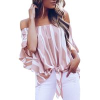 Cold Shoulder Tops for Women,BOLUBILUY Off The Shoulder Flare Sleeve Shirts Floral Print Summer Twist Knot Front Tee Pink